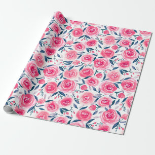 Pink Floral Watercolor Roses Pattern Wrapping Paper