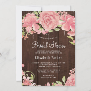 Pink floral watercolor rustic wood bridal shower invitation