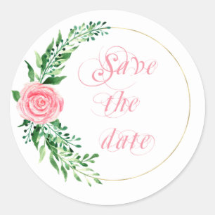 Pink Floral Watercolor Save the Date Elegant Classic Round Sticker