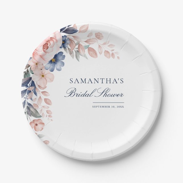 Pink Floral Watercolor Script Bridal Shower Paper Plate (Front)