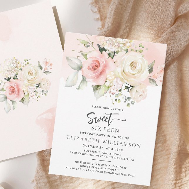 Pink Floral Watercolor Sweet 16 Invitation (Pink Floral Elegant Sweet Sixteen Script Modern Watercolor 16th Birthday Party Invitation)