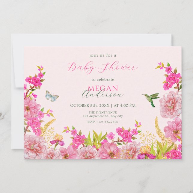 Pink Floral watercolor tropical bird baby shower Invitation (Front)