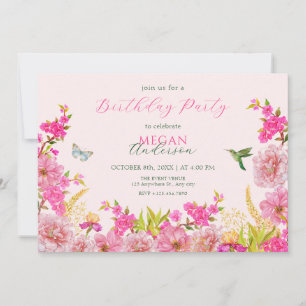 Pink Floral watercolor tropical bird birthday Invitation