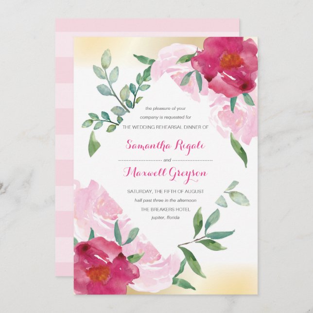 Pink Floral Watercolor Wedding Rehearsal Dinner Invitation (Front/Back)