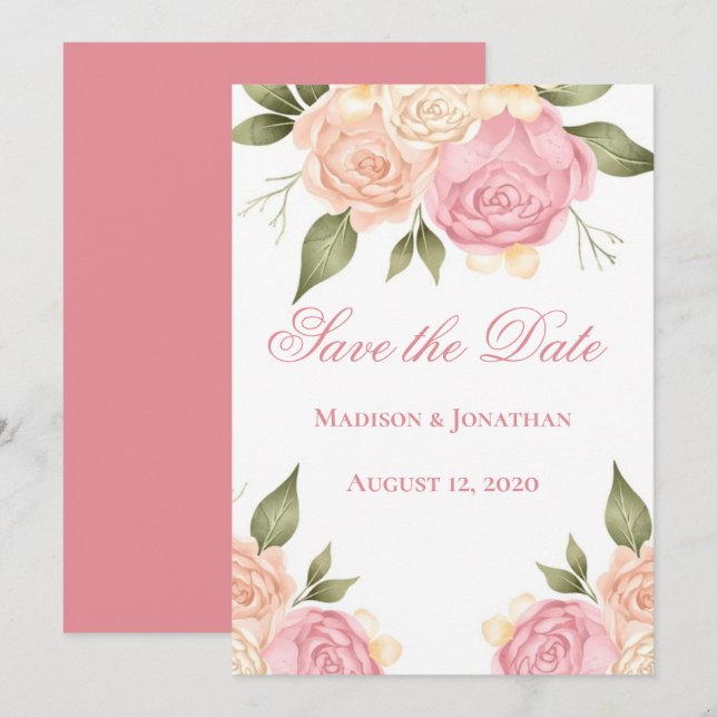 Pink Floral Watercolor Wedding Save The Date (Front/Back)