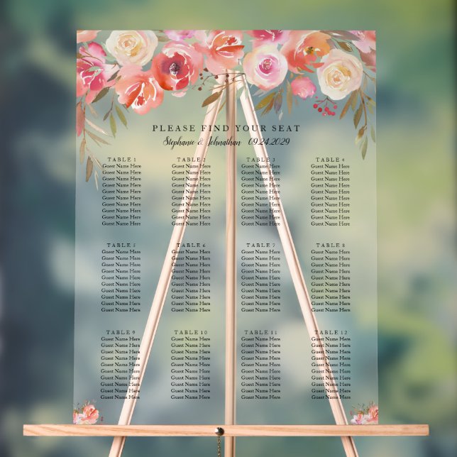 Pink Floral Watercolor Wedding Seating Chart (Neutral)