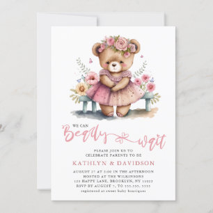 Pink Floral We Can Bearly Wait Girl Baby Shower Invitation