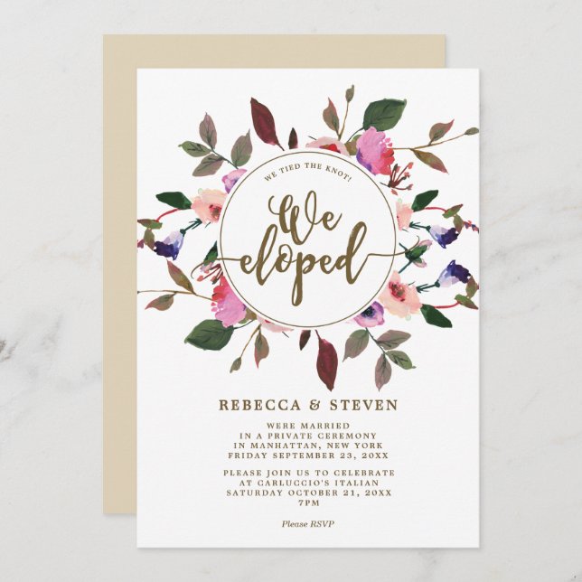 pink floral we tied the knot we eloped invitation (Front/Back)