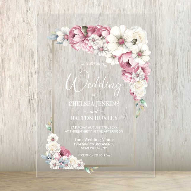 Pink Floral Wedding Acrylic Invitations (Creator Uploaded)