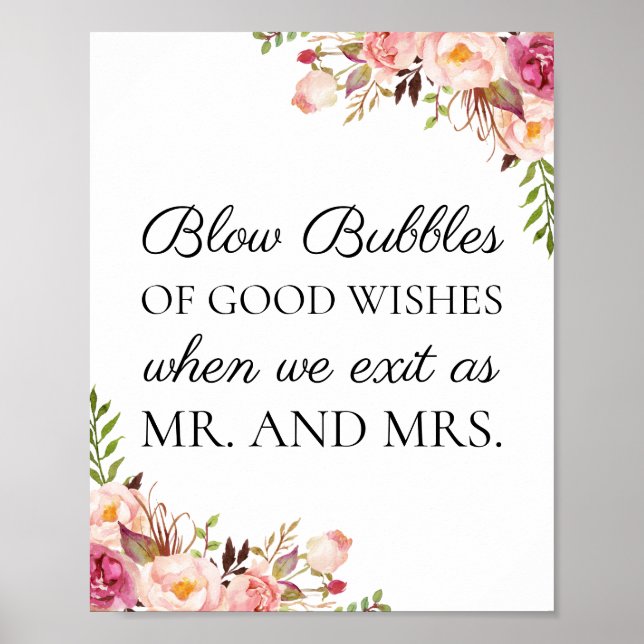 Pink Floral Wedding Bubbles of Good Wishes Sign (Front)