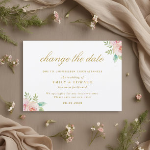 Pink Floral Wedding Change the Date Card