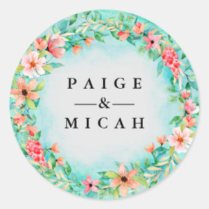 Pink Floral Wedding Couple Names Botanical Classic Round Sticker