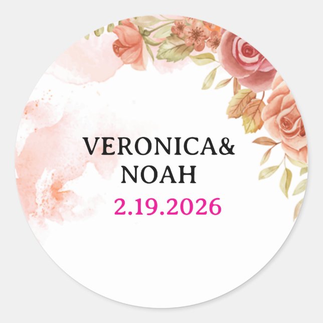 Pink Floral Wedding Favour Sticker (Front)