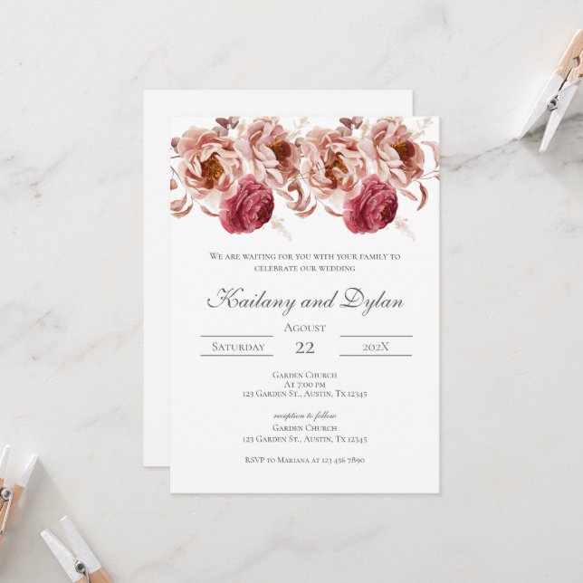 Pink Floral Wedding invitation (Front/Back In Situ)
