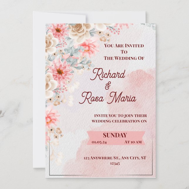 Pink Floral Wedding Invitation Card (Front)