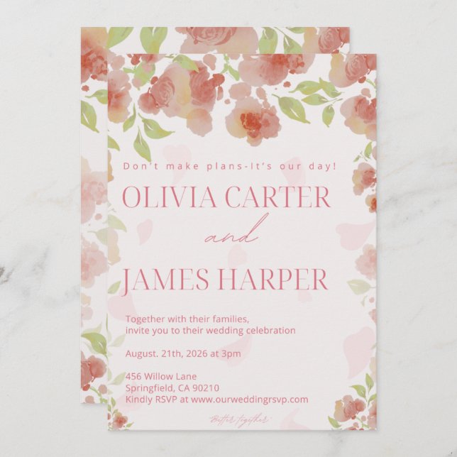 Pink Floral Wedding Invitation – Elegant Rustic (Front/Back)