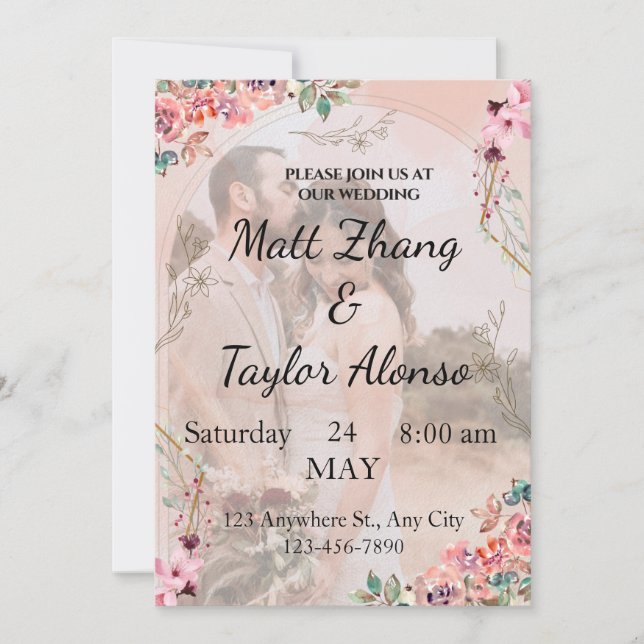Pink Floral Wedding Invitation, Personalised Invitation (Front)