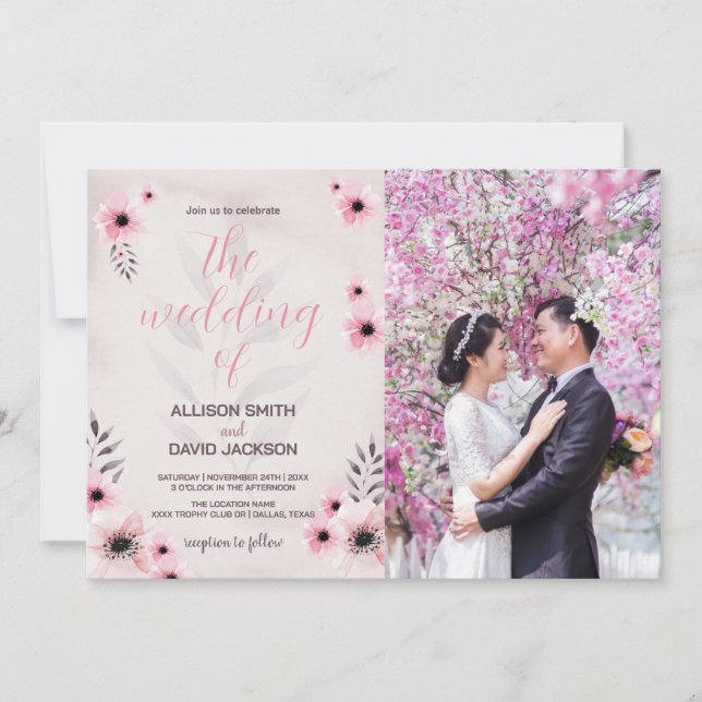 Pink Floral Wedding Invitations with photo (Front)