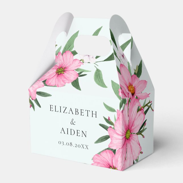 Pink Floral Wedding Light Blue Favour Box (Front Side)