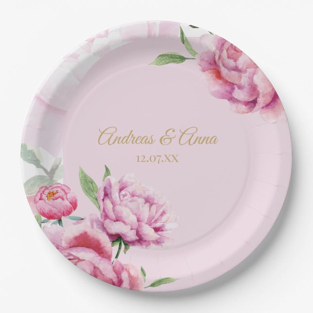 Pink Floral Wedding  Paper Plate (Front)