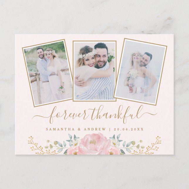 Pink Floral Wedding Photo Collage Thank You Card (Front)