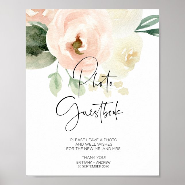 Pink Floral Wedding Photo Guest Book Sign (Front)