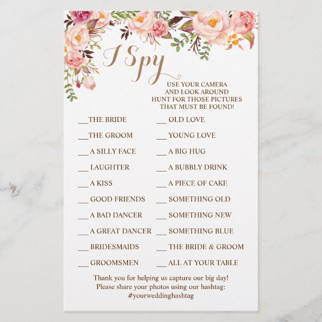 Pink Floral Wedding Reception I Spy Game Card (Front)