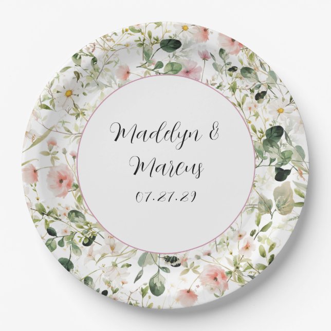 Pink Floral Wedding Reception Paper Plate (Front)