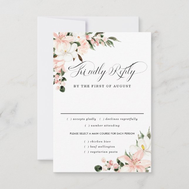Pink Floral Wedding RSVP Card, Meal Options (Front)