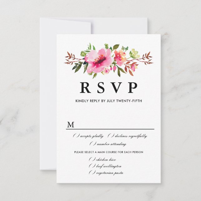 Pink Floral Wedding RSVP Card, Meal Options (Front)
