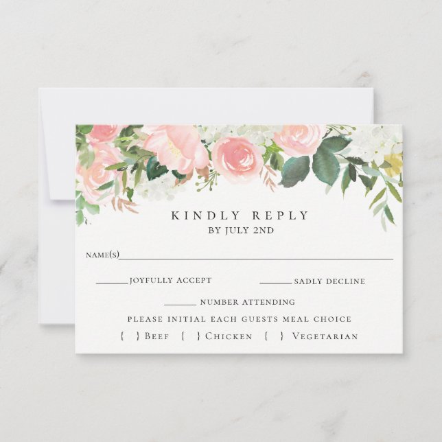 Pink Floral Wedding RSVP With Meal Choice Card (Front)