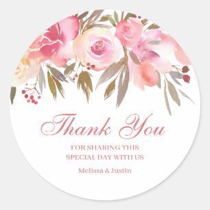 Pink Floral Wedding Script Thank You Classic Round Sticker