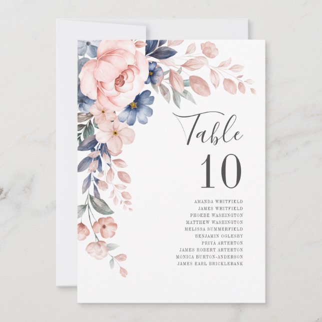 Pink Floral Wedding Table Numbers Seating Chart (Front)