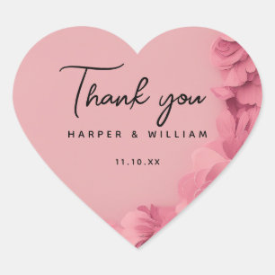 Pink floral wedding thank you  heart sticker