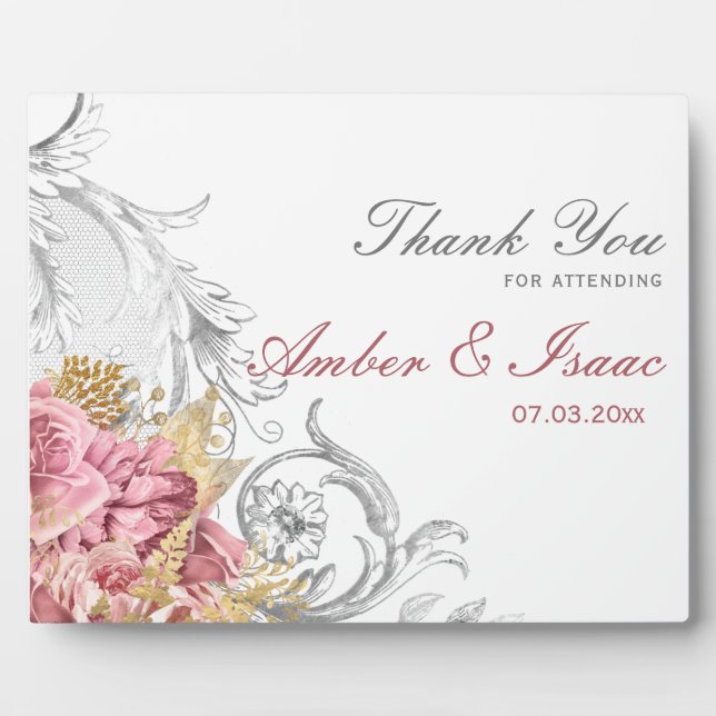 Pink Floral Wedding Thank You Table Sign Plaque (Front)