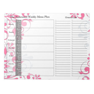 Pink Floral Weekly Personalised Menu Plan Notepad