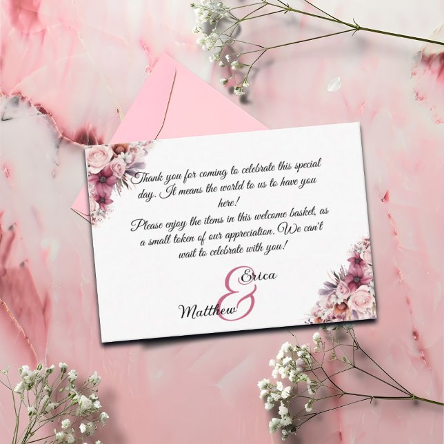 Pink Floral Welcome Gift Bag Basket Place Card (Creator Uploaded)