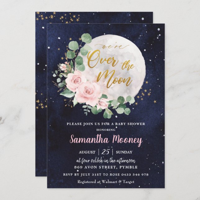 Pink Floral We're Over the Moon Girl Baby Shower Invitation (Front/Back)