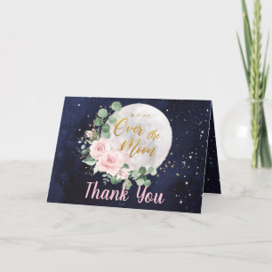 Pink Floral We're Over the Moon Girl Baby Shower Thank You Card