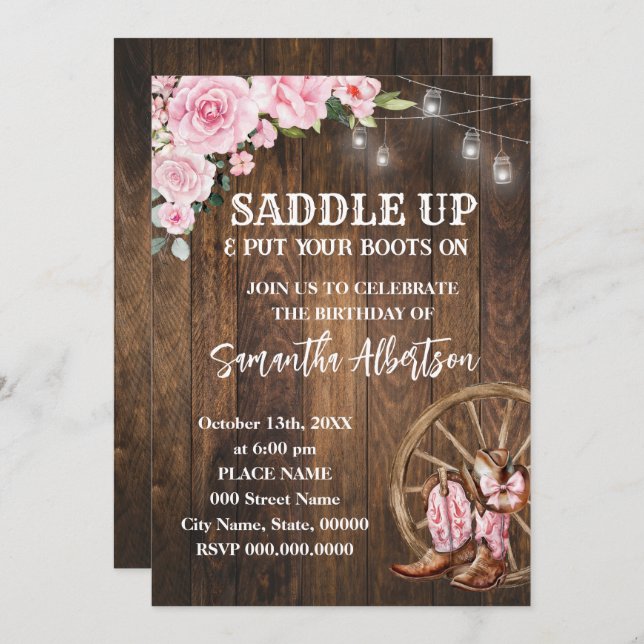 Pink Floral Western Cowgirl Birthday Country Invitation (Front/Back)