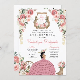 Pink Floral Western Mariachi Charro Quinceañera Invitation