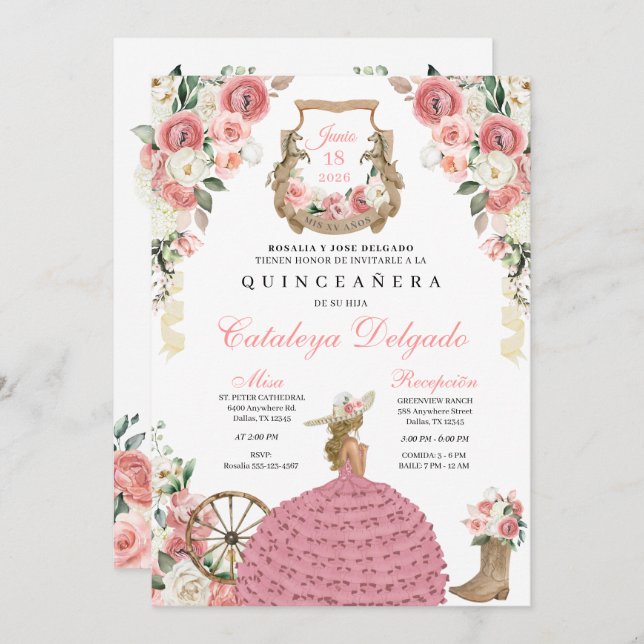 Pink Floral Western Mariachi Charro Quinceañera Invitation (Front/Back)