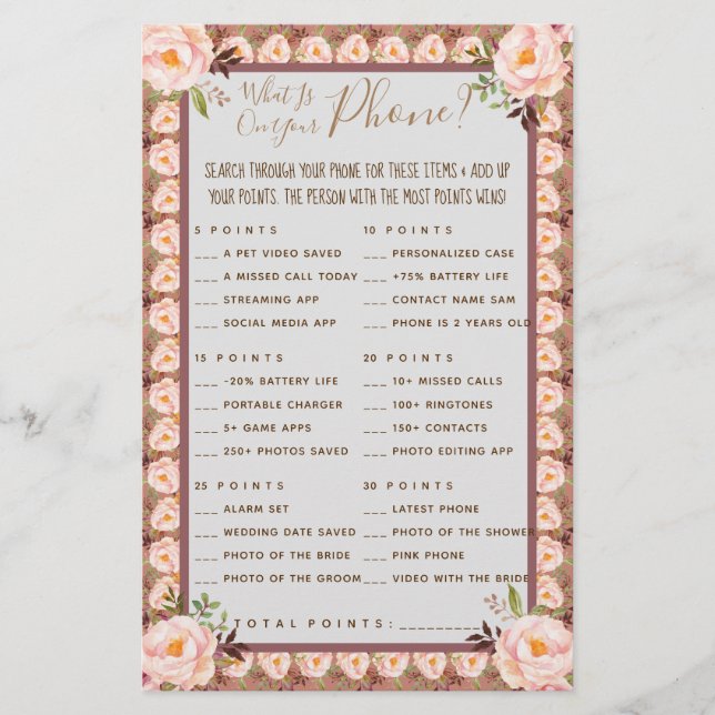 Pink Floral What is on your Phone Shower Game Card (Front)