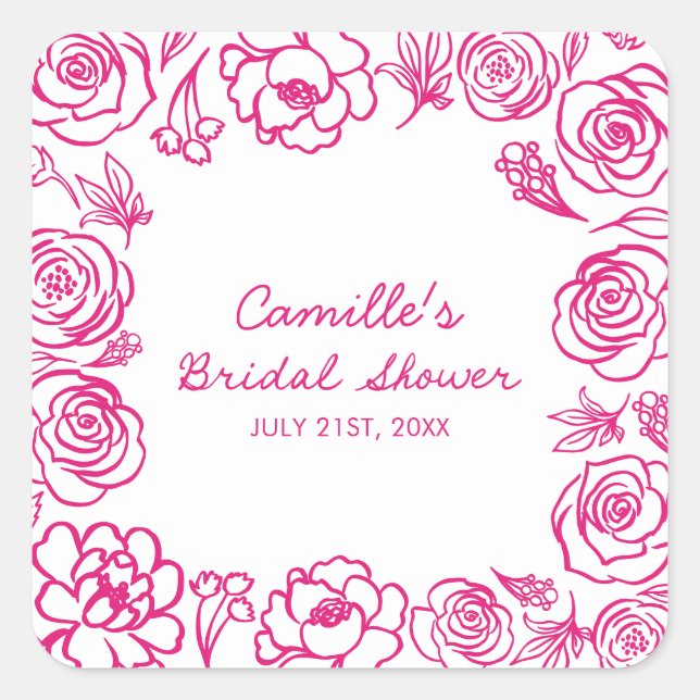 Pink Floral Whimsical Bridal Shower Square Sticker (Front)