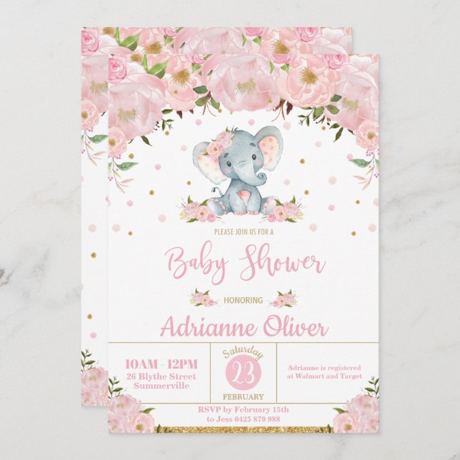Pink Floral Whimsical Elephant Girl Baby Shower Invitation (Front/Back)