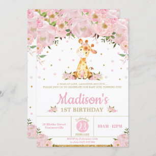 Pink Floral Whimsical Giraffe Girl Birthday Party Invitation