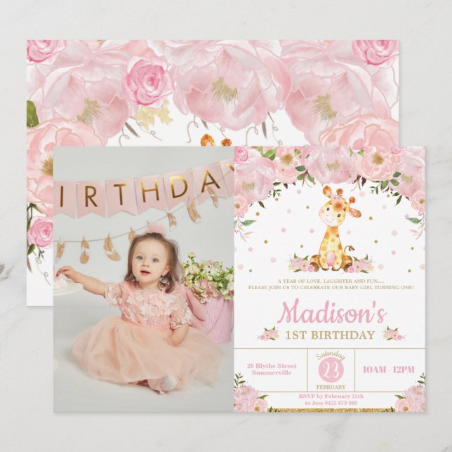 Pink Floral Whimsical Giraffe Girl Birthday Photo Invitation (Front/Back)