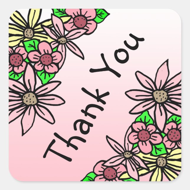 Pink Floral Whimsical  Thank You stickers (Front)