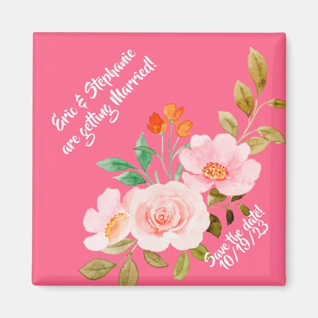Pink Floral Whimsy Wedding Save the Date Magnet (Front)
