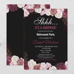 Pink Floral White Gold Surprise Retirement Party  Invitation